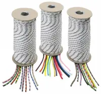 Three spools of non-stretch cord with colorful tips coming out from the bottom