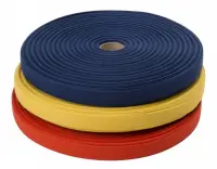 Three rolls of cotton binding tape in blue, yellow, and red